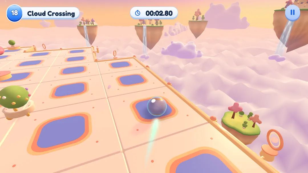 Chapter 2, Cloud Crossing: a long tiled crossing over pink clouds.