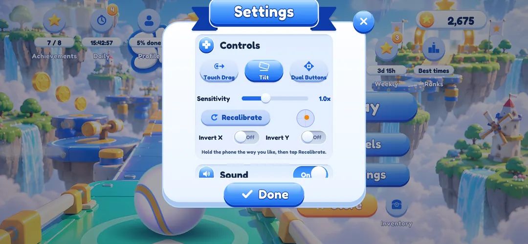 Settings in the development build with Tilt selected, including sensitivity options.