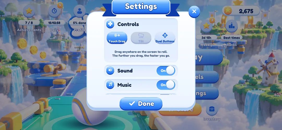 Settings in the development build with Touch Drag selected as the control mode.