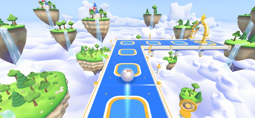 Editor capture of Chapter 1, First Steps, Level 1, First Roll: a blue track with gold edges across floating islands.