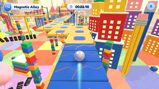 Editor capture of Chapter 12, Toybox Metropolis, Level 112, Magnetic Alley, in the development build, with the level badge, timer and pause button.