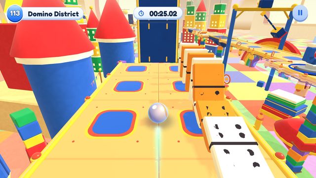 Editor capture of Chapter 12, Toybox Metropolis, Level 113, Domino District, in the development build, with the level badge, timer and pause button.