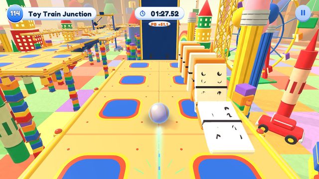 Editor capture of Chapter 12, Toybox Metropolis, Level 114, Toy Train Junction, in the development build, with the level badge, timer and pause button.