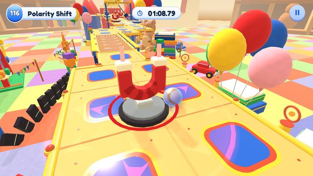Editor capture of Chapter 12, Toybox Metropolis, Level 116, Polarity Shift, in the development build, with the level badge, timer and pause button.