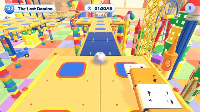 Editor capture of Chapter 12, Toybox Metropolis, Level 120, The Last Domino, in the development build, with the level badge, timer and pause button.