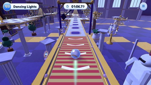 Editor capture of Chapter 13, Moonlit Manor, Level 122, Dancing Lights, in the development build, with the level badge, timer and pause button.