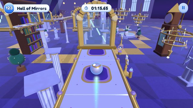 Editor capture of Chapter 13, Moonlit Manor, Level 123, Hall of Mirrors, in the development build, with the level badge, timer and pause button.