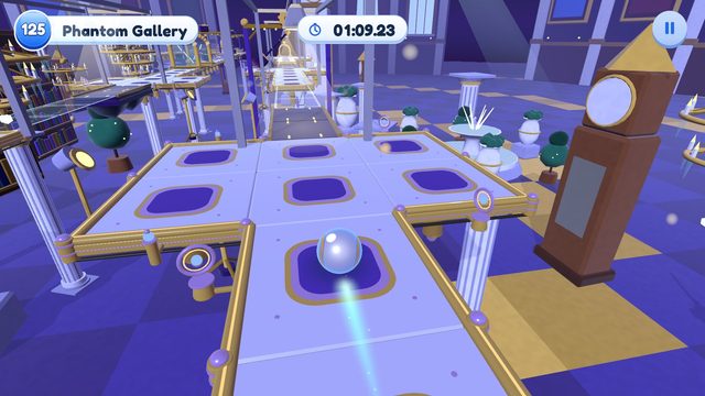 Editor capture of Chapter 13, Moonlit Manor, Level 125, Phantom Gallery, in the development build, with the level badge, timer and pause button.