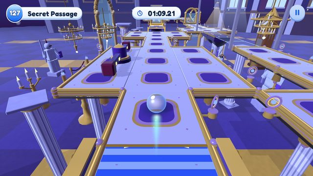 Editor capture of Chapter 13, Moonlit Manor, Level 127, Secret Passage, in the development build, with the level badge, timer and pause button.