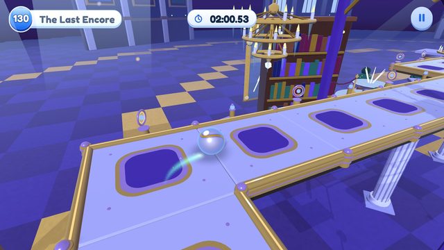 Editor capture of Chapter 13, Moonlit Manor, Level 130, The Last Encore, in the development build, with the level badge, timer and pause button.