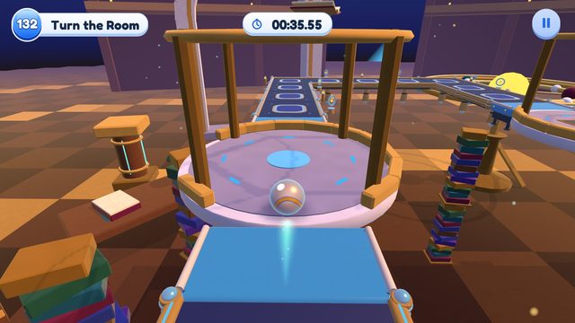 Editor capture of Chapter 14, Gravity Archive, Level 132, Turn the Room, in the development build, with the level badge, timer and pause button.