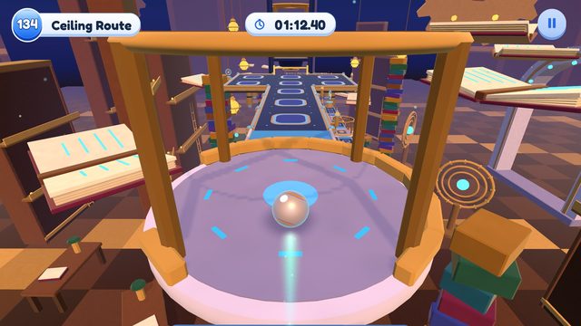 Editor capture of Chapter 14, Gravity Archive, Level 134, Ceiling Route, in the development build, with the level badge, timer and pause button.