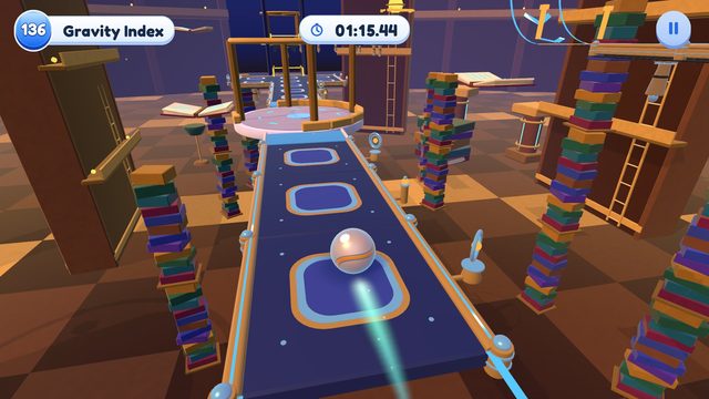 Editor capture of Chapter 14, Gravity Archive, Level 136, Gravity Index, in the development build, with the level badge, timer and pause button.