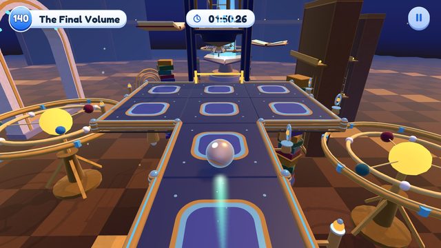 Editor capture of Chapter 14, Gravity Archive, Level 140, The Final Volume, in the development build, with the level badge, timer and pause button.