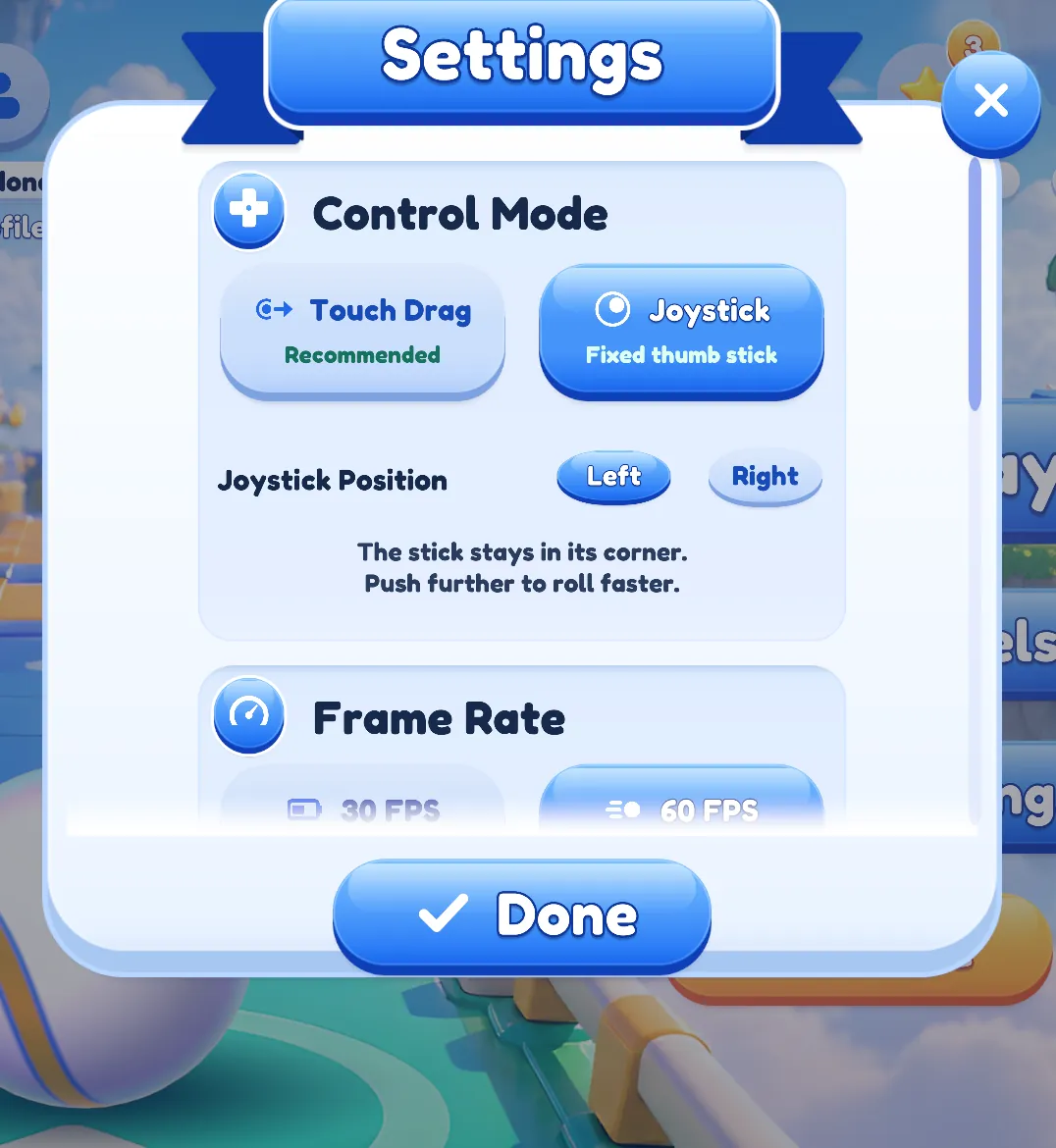 Settings screen with Control Mode set to Joystick and a Joystick Position choice of Left or Right.
