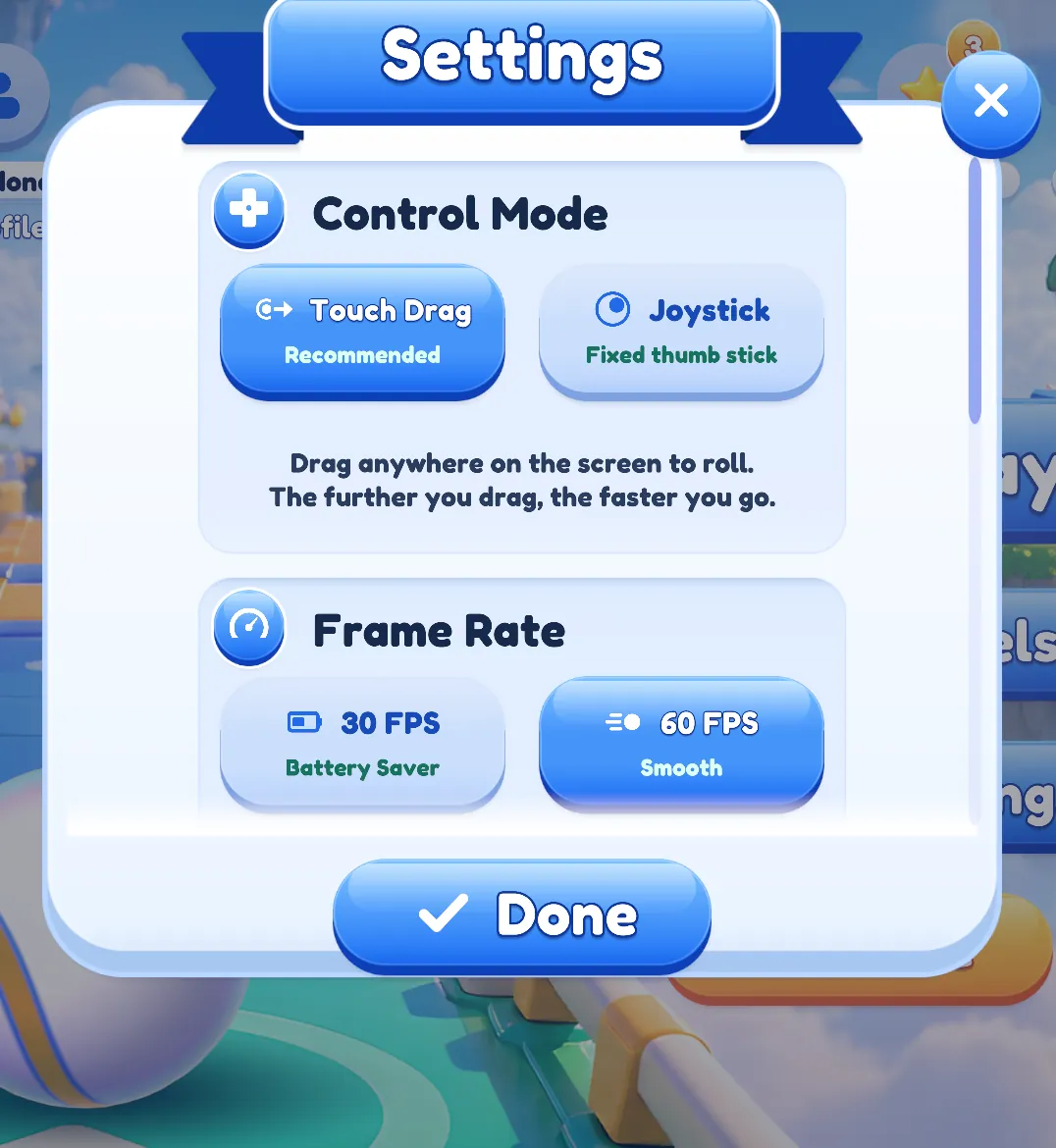 Settings screen with Control Mode set to Touch Drag, marked Recommended, next to Joystick.