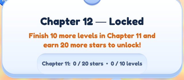 Level picker in the development build showing Chapter 12, Toybox Metropolis, locked, with the message to finish 10 more levels in Chapter 11 and earn 20 more stars.