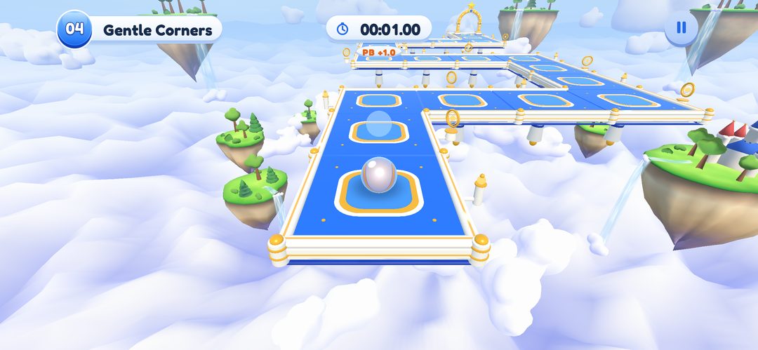 Editor capture of gameplay in the development build with Touch Drag: level name, timer and pause button above a blue track.