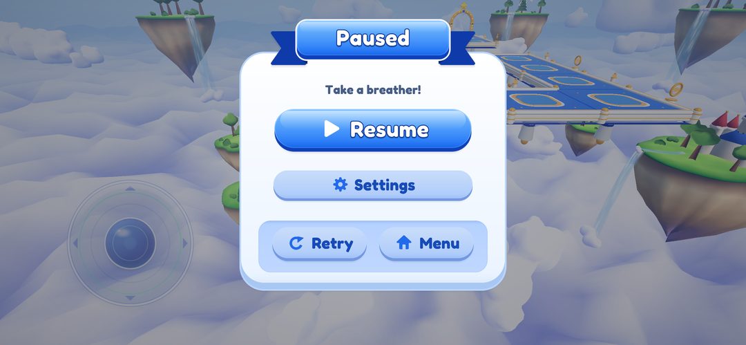 The Paused menu with Resume, Settings, Retry and Menu buttons over a dimmed level, with the on-screen joystick visible at the lower left.